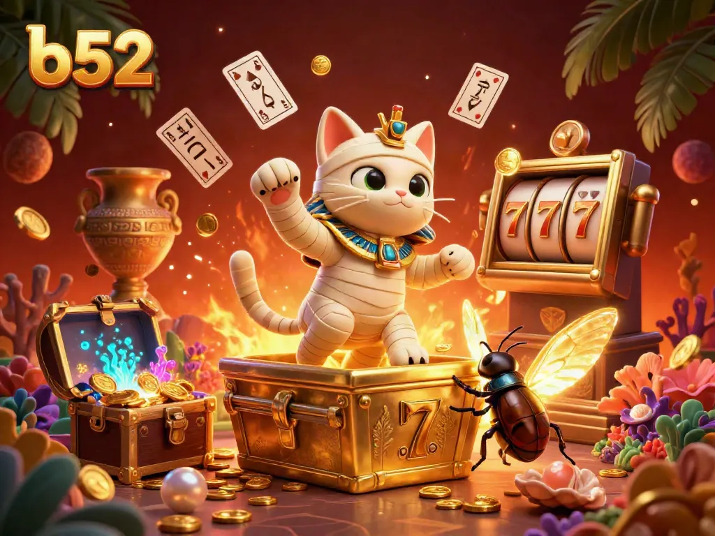 Experience thrilling gameplay at B52 with vibrant 3D mummy cat and glowing treasures in a lively casino setting.