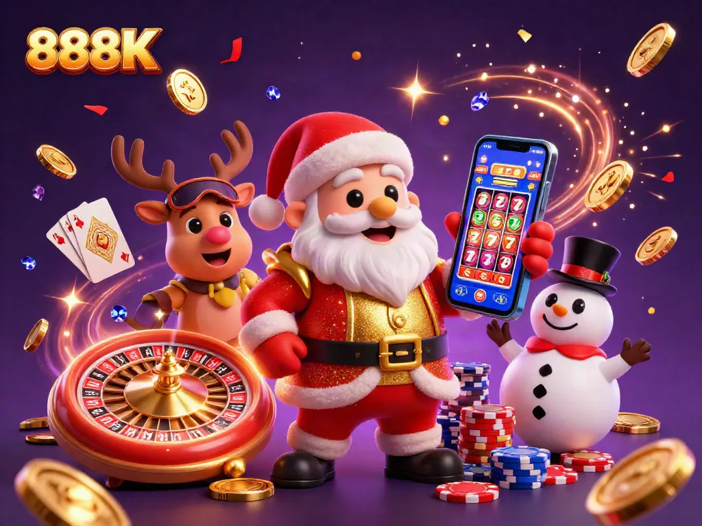 Experience the thrill of 888K casino gameplay with festive characters amidst sparkling gems and coins.