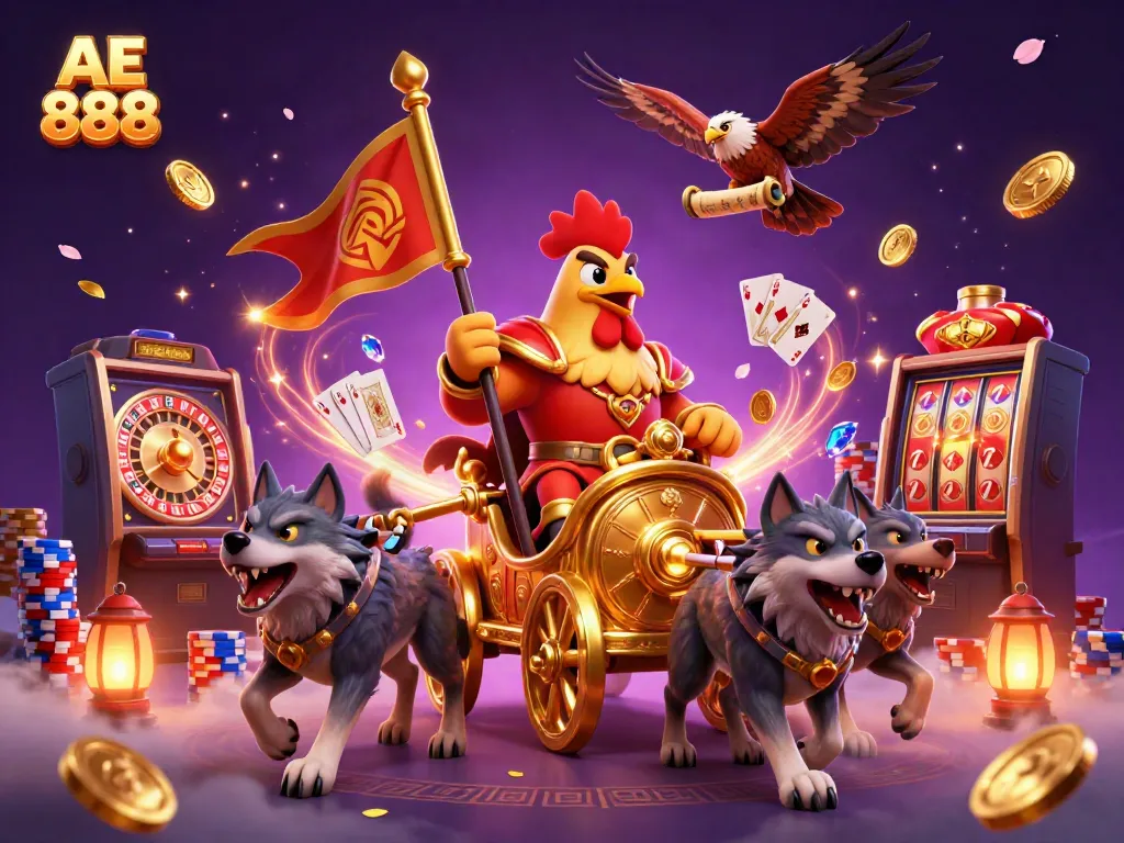 Join the adventure with AE 888 as the rooster warlord conquers the casino realm!