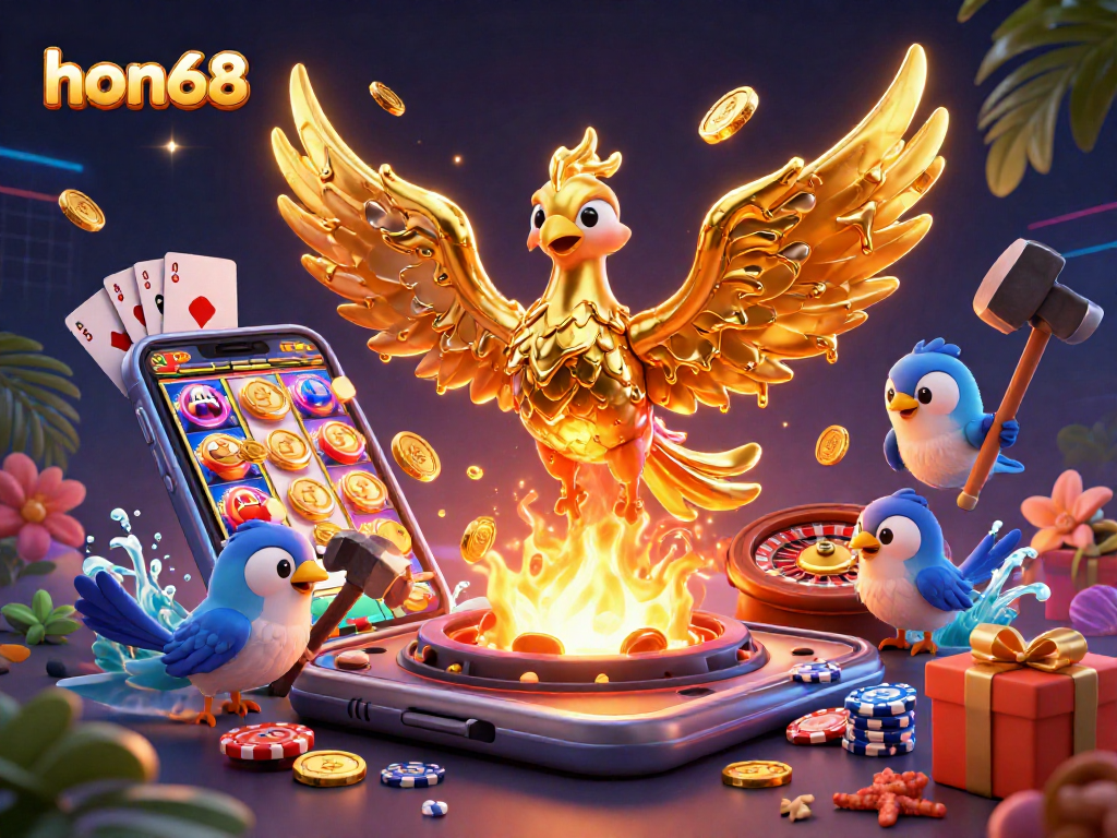 Experience exciting gameplay with hon68's vibrant casino scene featuring golden phoenix and slot games.