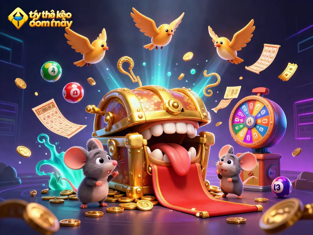 Engage with tỷ lệ kèo nhà cái hôm nay by exploring dynamic lottery elements and a treasure-filled scene.