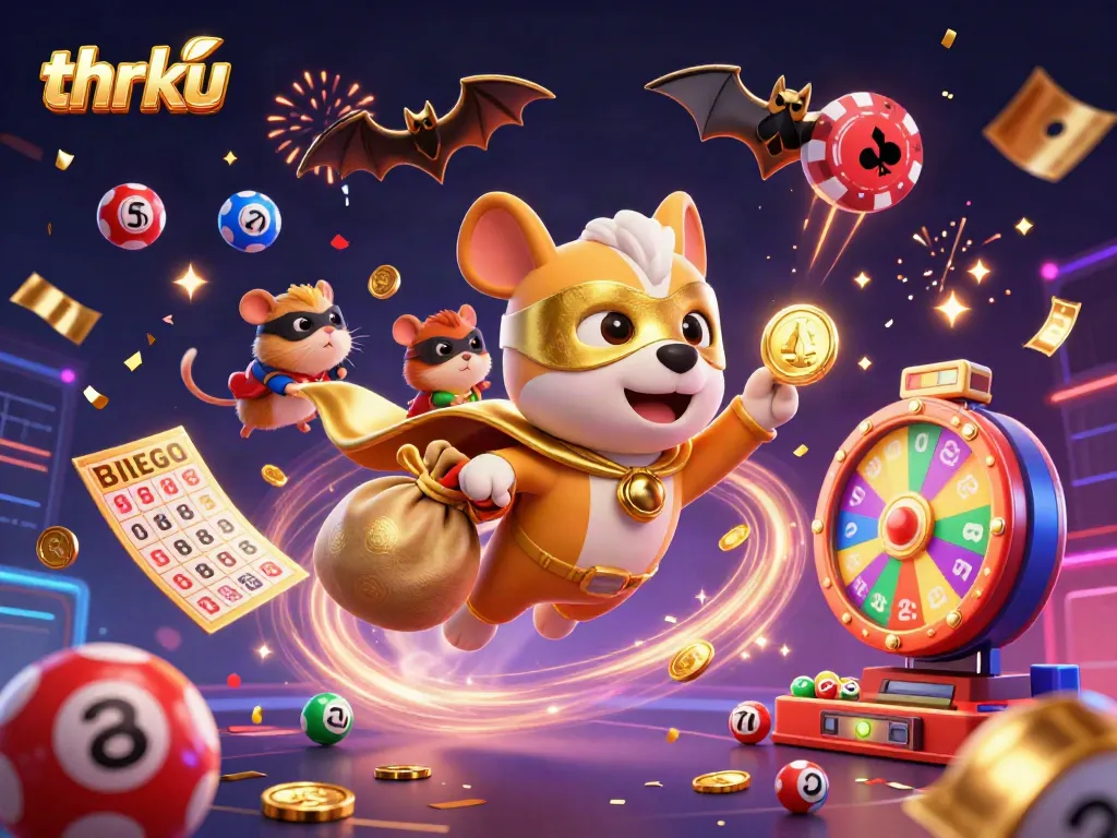 Engage with thrku: 3D cartoon superhero dog and hamster in a vibrant casino celebration scene.