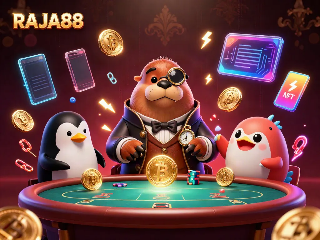 Ilustrasi 3D RAJA88 menampilkan walrus ceria di meja poker bawah laut dengan dealer penguin.