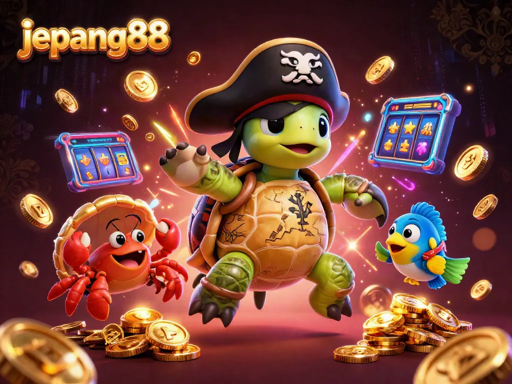 Experience excitement with Jepang88, featuring a turtle pirate, crab, and fish amidst neon casino elements.