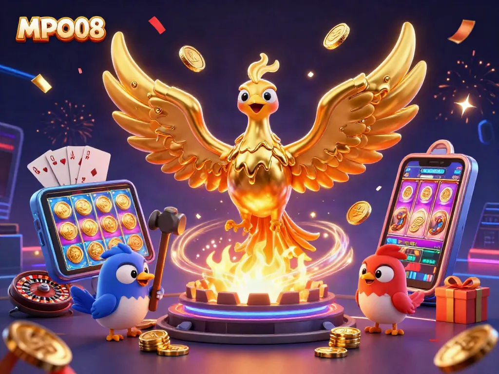 MPO08 showcases a dazzling golden phoenix amidst a vibrant casino-themed scene filled with dynamic slot games and celebratory elements.