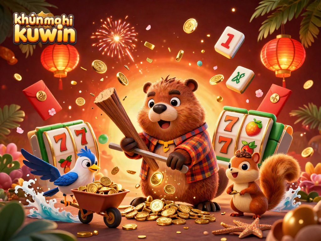 Engage with khuyến mãi kuwin as a beaver collects golden coins in a lively casino scene.