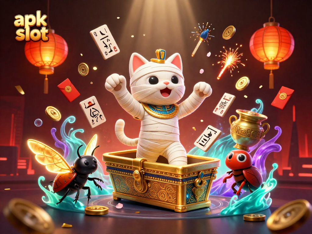 Menangkan apk slot dengan kucing mumi dan elemen permainan kasino berkilau.