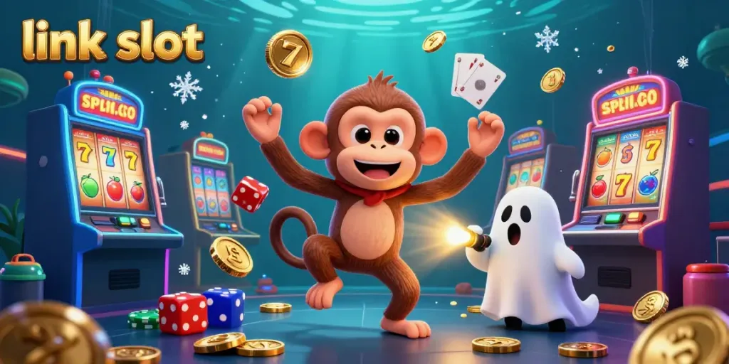 Experience link slot excitement with a 3D monkey and puppy in a casino setting, juggling golden objects.