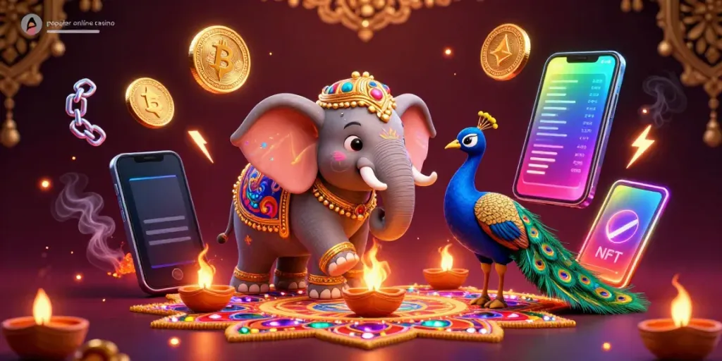 Experience the thrill of a popular online casino with this vibrant 3D illustration of a Diwali-themed elephant and crypto symbols.