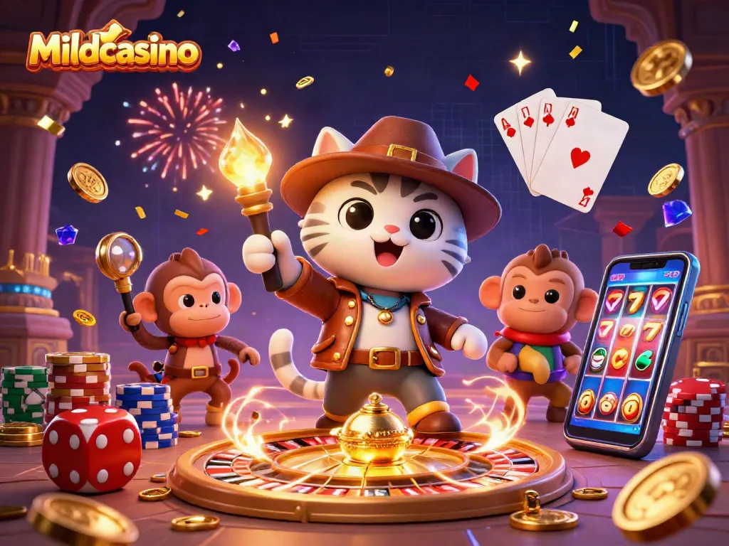 Mildcasino presents a lively 3D illustration of a cat archaeologist discovering treasures with casino elements, including roulette wheels and poker chips.