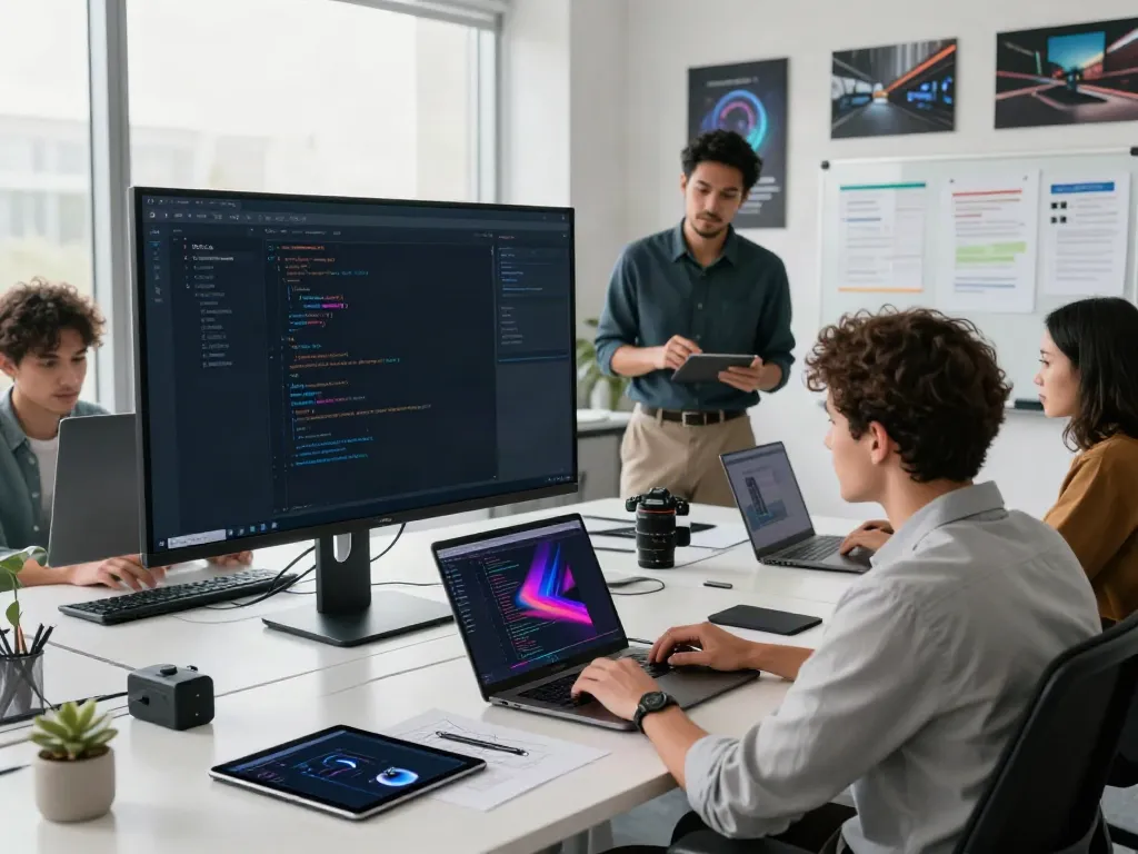 Team of developers collaborating in a modern workspace with vibrant screens about the A80 website.