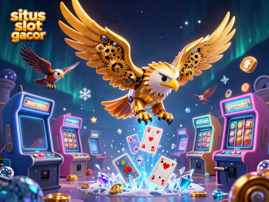 Experience situs slot gacor with a dynamic scene featuring a diving golden eagle and illuminated slot elements.