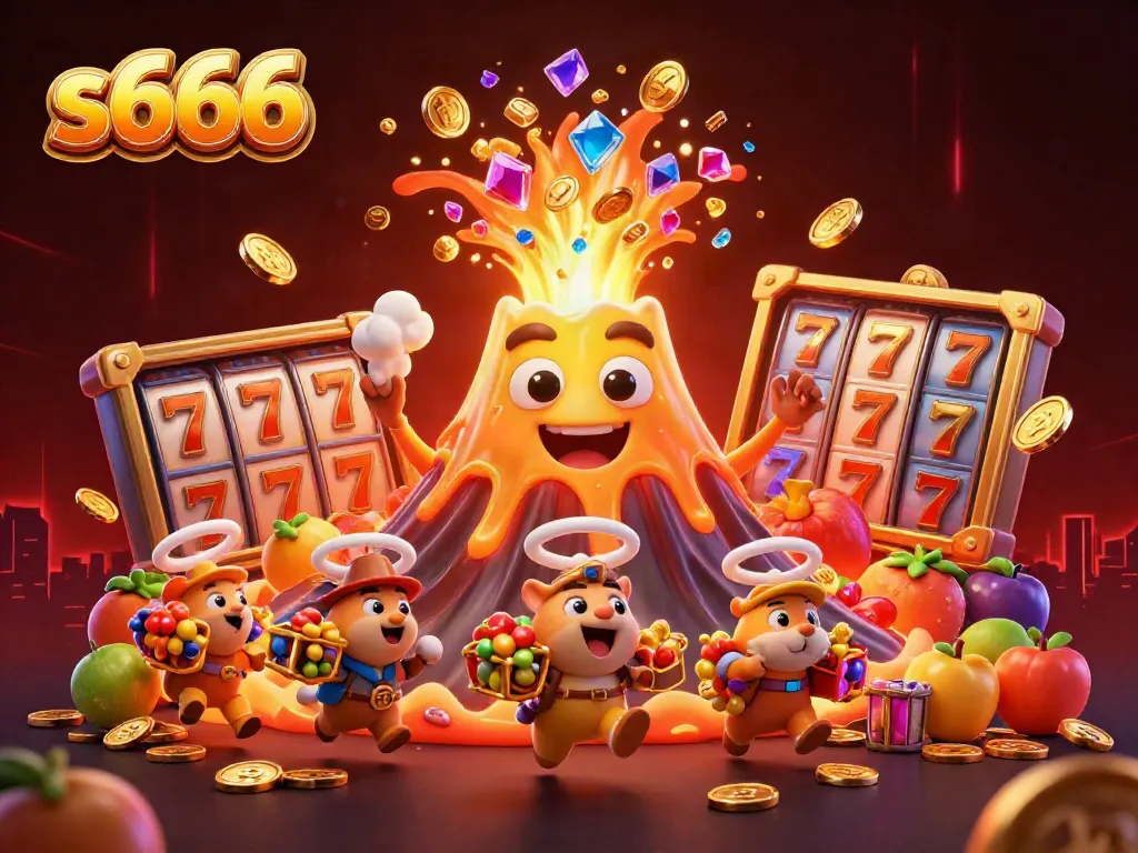 Experience the excitement of s666 as you witness a golden volcano showcasing its treasure in a vibrant casino scene.