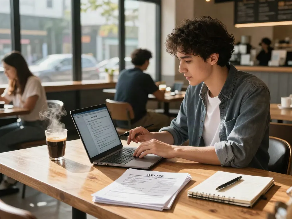 Job seeker researching หางาน in a cozy coffee shop with laptop and resume papers.