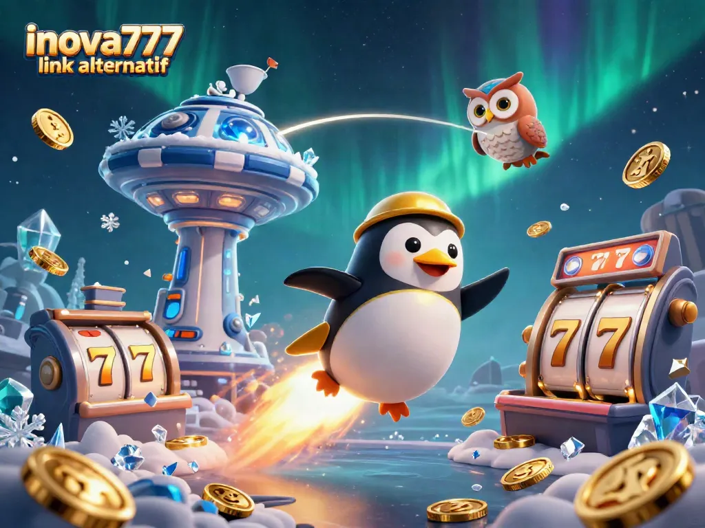 Engage with inova777 link alternatif through a captivating 3D illustration of a golden penguin racing toward a colorful casino.