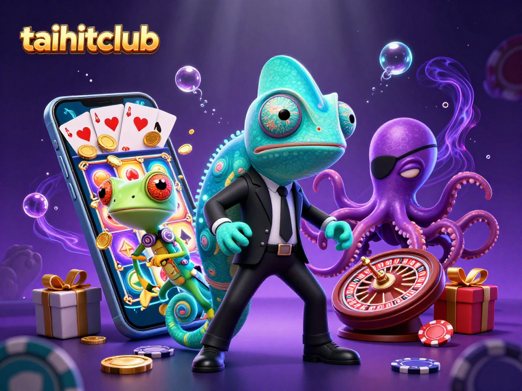 Experience taihitclub's vibrant casino scene with a colorful slot game, playful characters, and dynamic action.