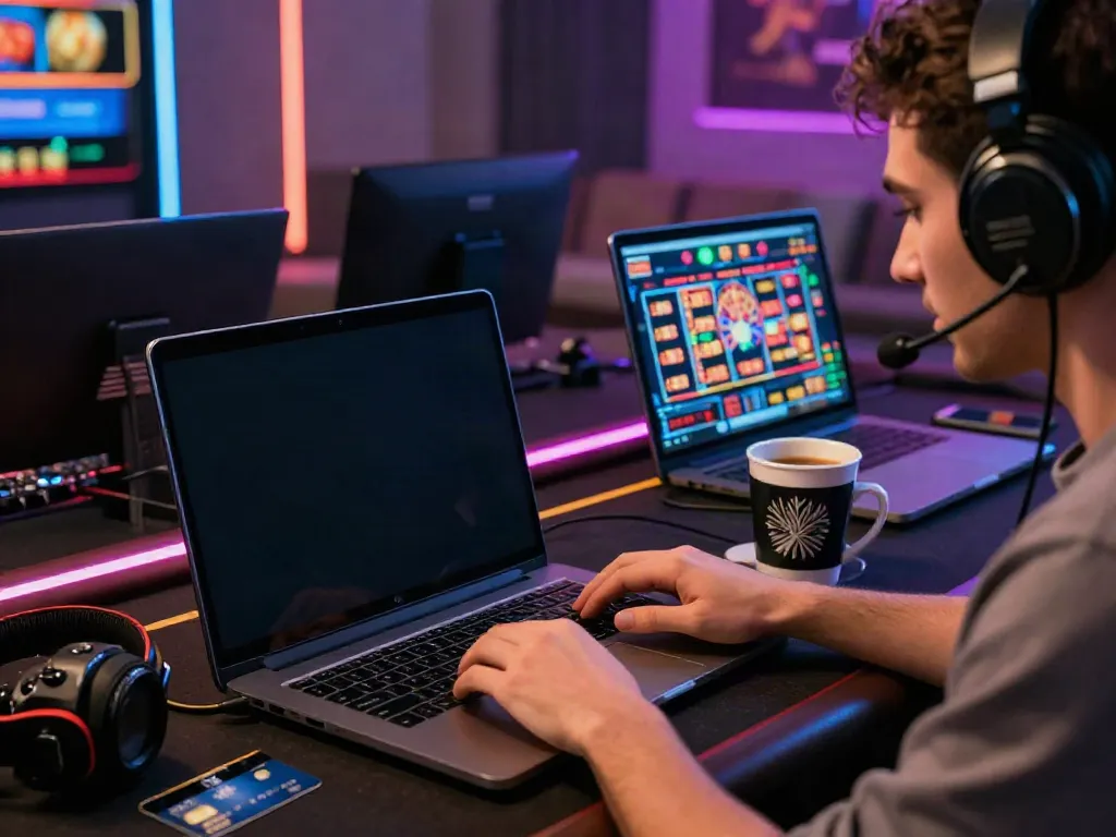 Player enjoying online gaming at a modern desk setup with casinos that accept credit cards visible on screen.