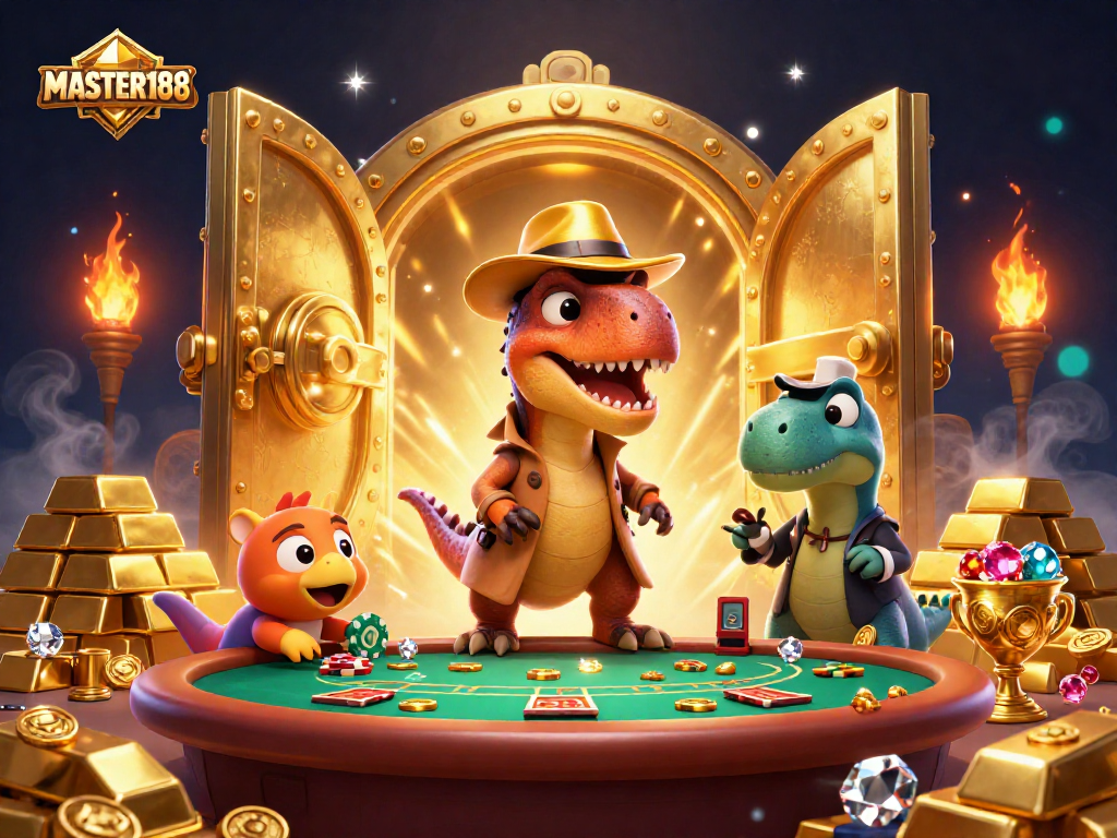 Experience thrilling gameplay with MASTER188, featuring a velociraptor card counter at the blackjack table amidst treasures.