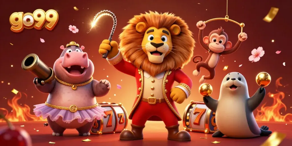 Experience thrilling wins with go99 in this vibrant, dynamic casino scene featuring colorful characters and activities.