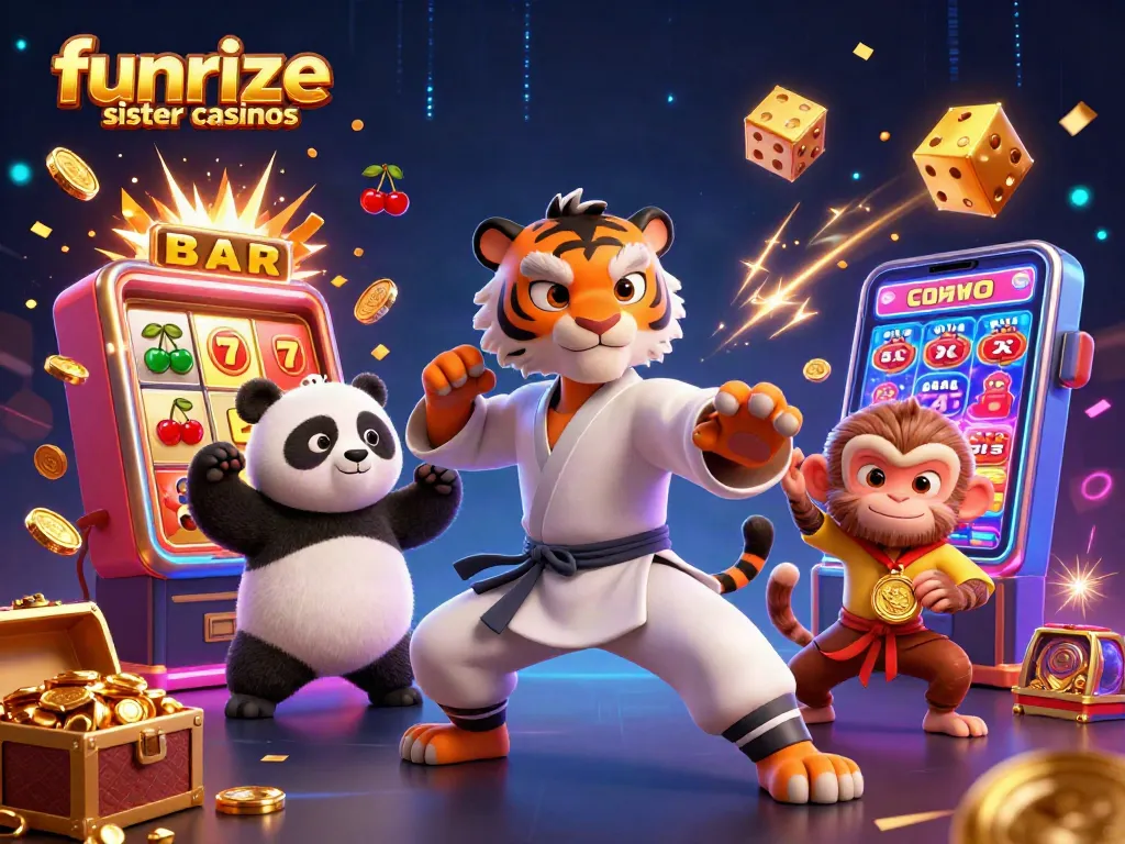Engage with funrize sister casinos where a kung fu tiger master showcases a jackpot explosion from a slot machine.
