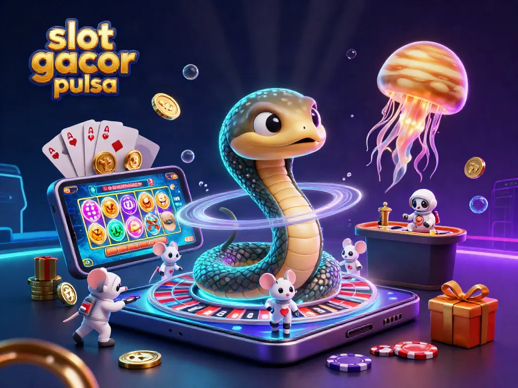 Spin to win with slot gacor pulsa as astronaut mice bet on a vibrant cosmic roulette scene.