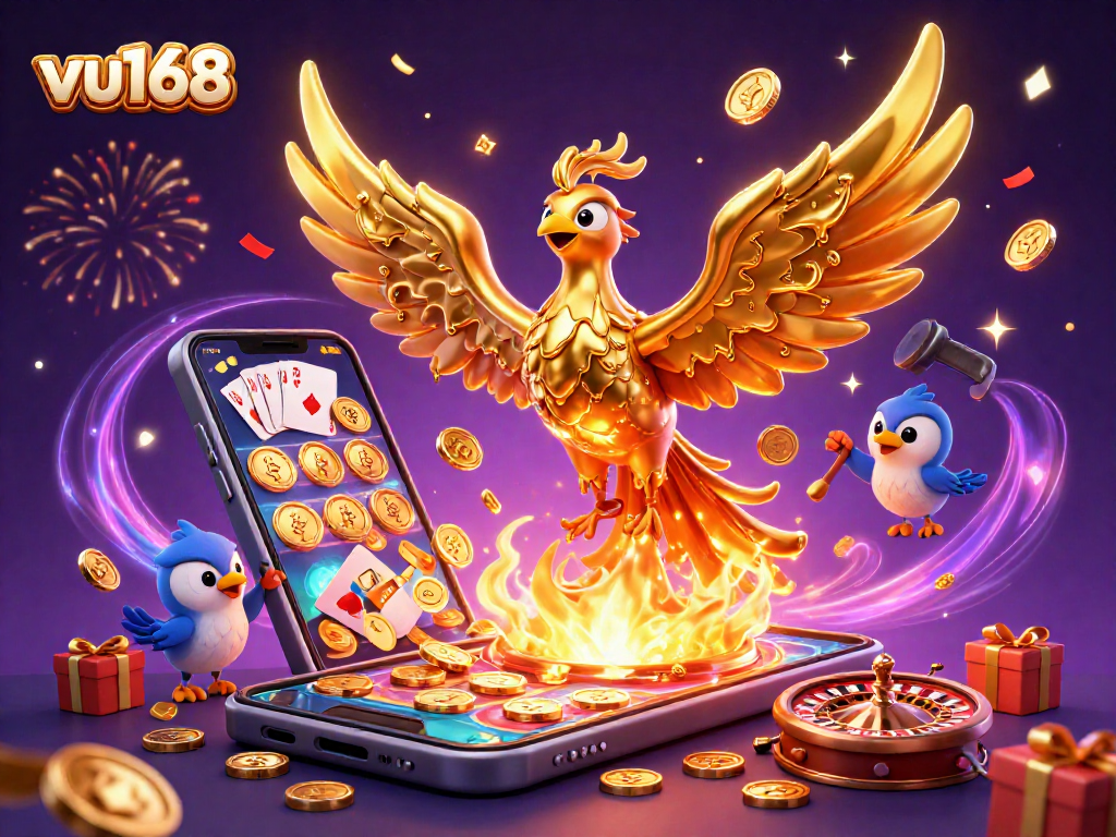 Win big with vu168 in an exciting casino scene full of golden coins and vibrant slot games.