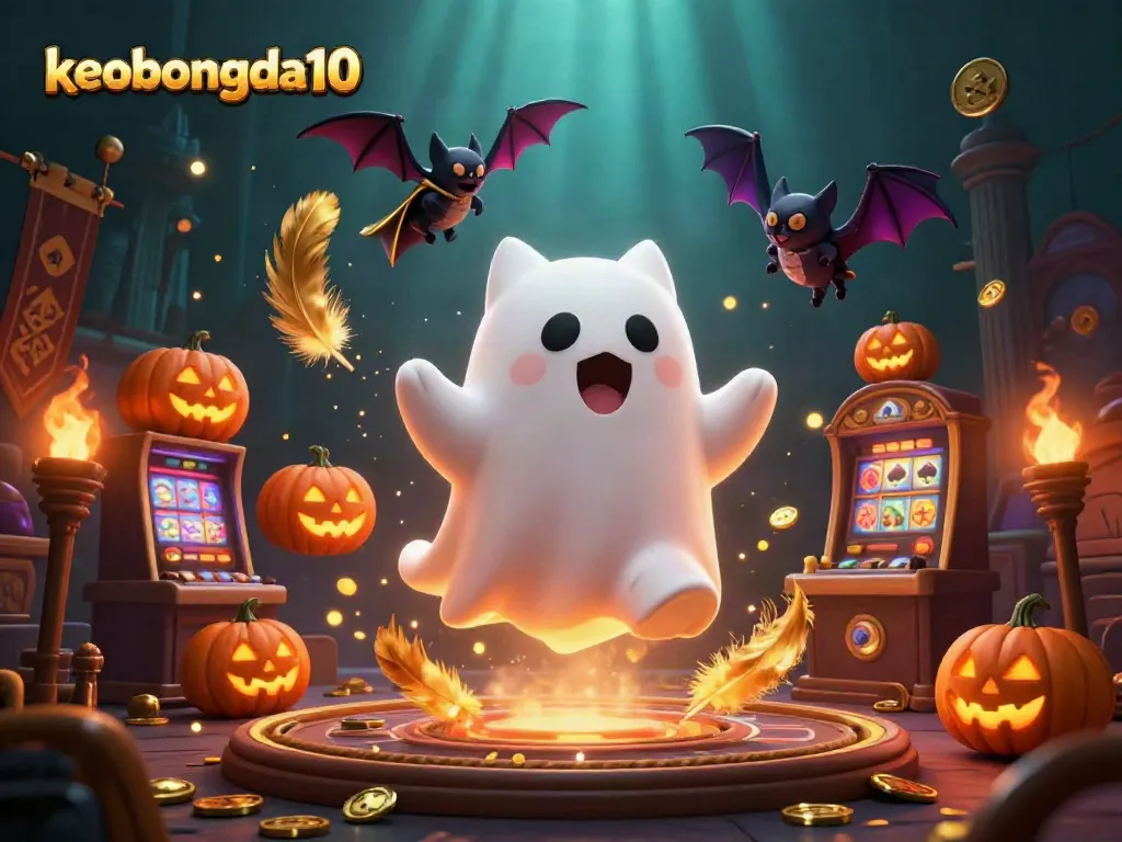 Watch the glowing ghost cat and bat companion engage with the haunted casino theme at keobongda10.