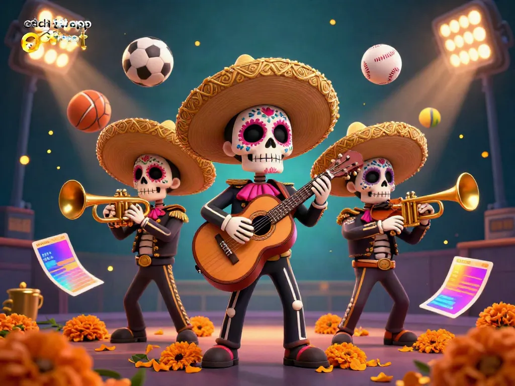 Experience the excitement of cách tải app 8xbet with this vibrant 3D illustration featuring a Day of the Dead skeleton mariachi band.