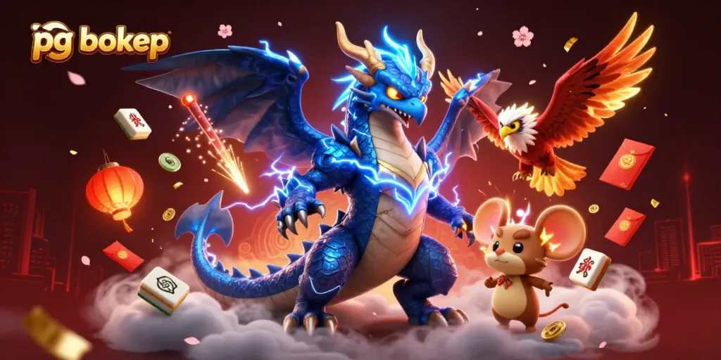 Win big with pg bokep in this vibrant, action-packed casino scene featuring dragons and floating mahjong tiles.