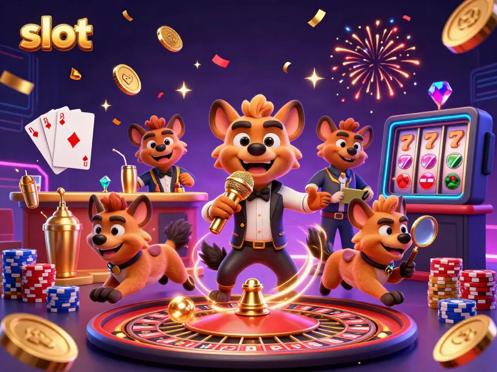 Hyenas entertaining in a vibrant casino with slot elements and jewels surrounding them.