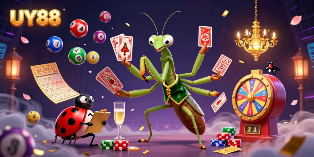 Enjoy vibrant gambling fun at UY88 with a lively casino scene featuring a mantis and ladybug.