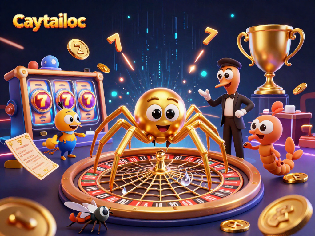 Spin to win with caytailoc's dynamic slot reels featuring an engaging golden spider and animated game elements.