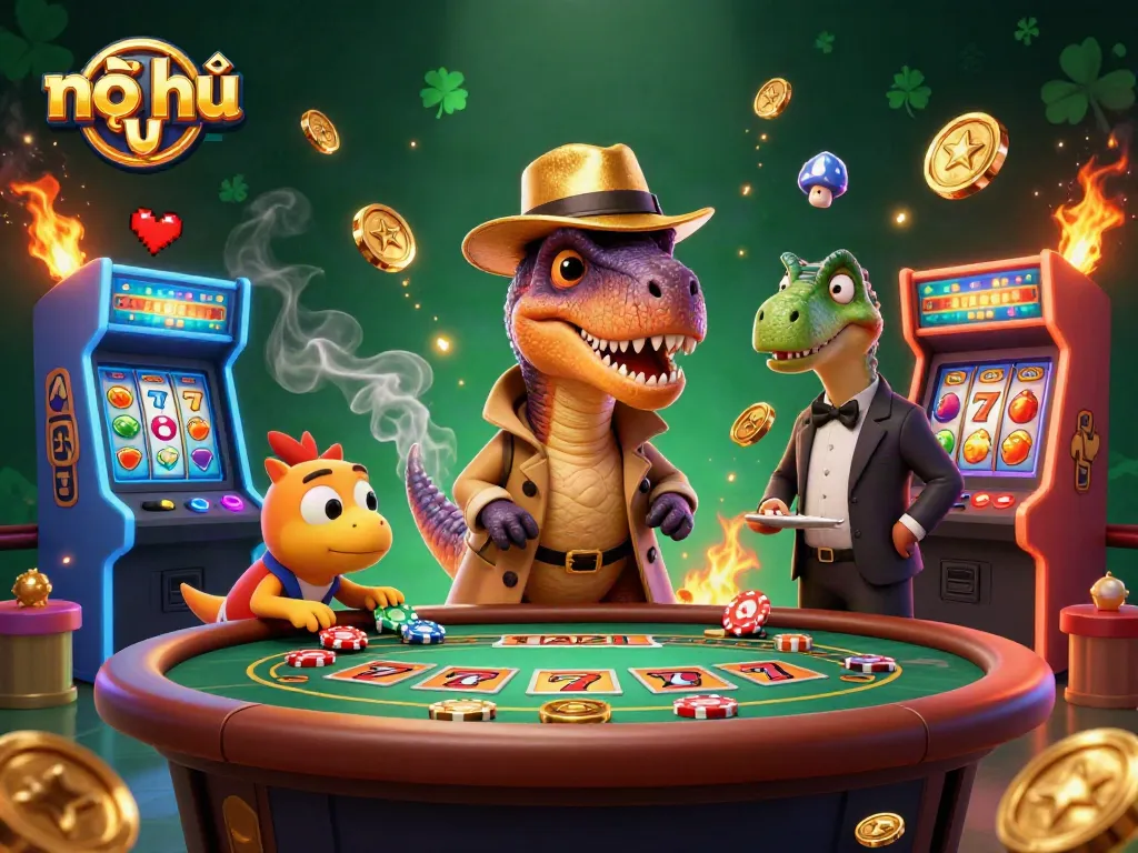 Nổ hũ game scene with a clever velociraptor at a blackjack table, adding excitement and strategy.