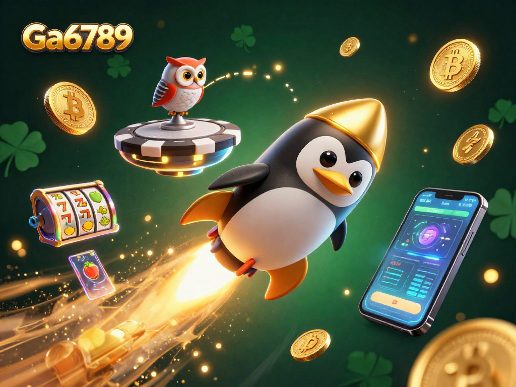 Experience thrilling gameplay with Ga6789's golden penguin and slot machines in a cosmic casino.