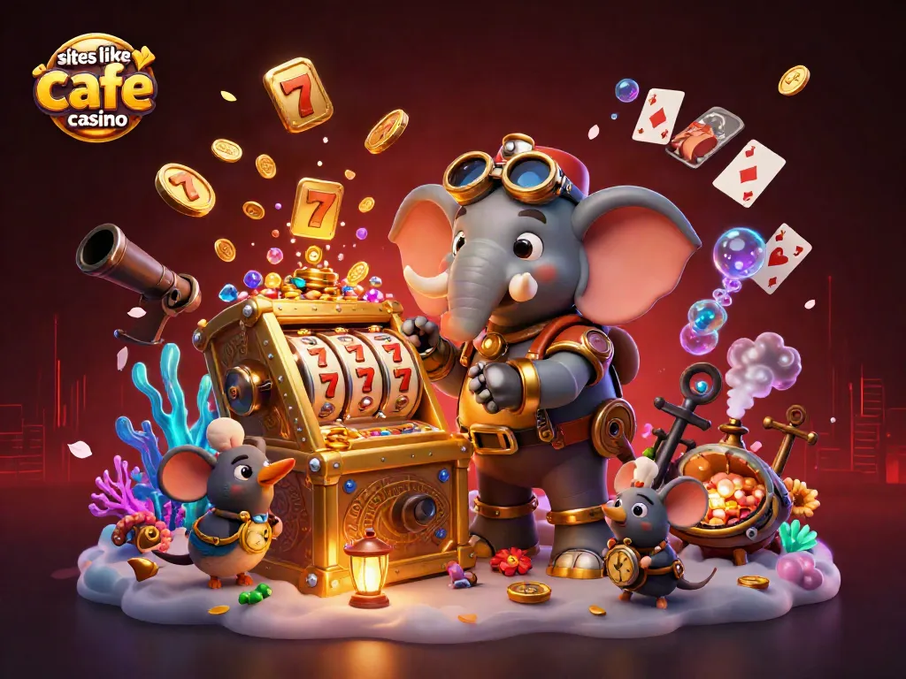 Spin and win at sites like cafe casino with a dynamic 3D illustration featuring a steampunk elephant and slot machine.