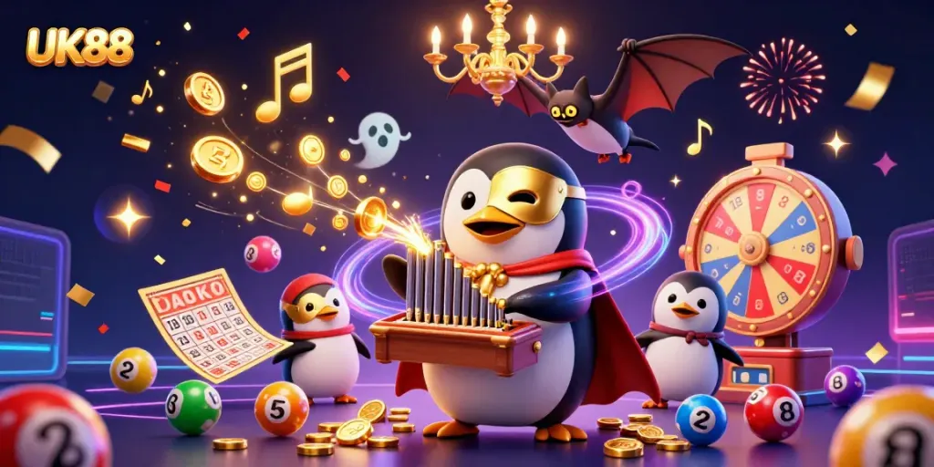 Experience the excitement of UK88 with a vibrant 3D casino scene featuring colorful games and characters.