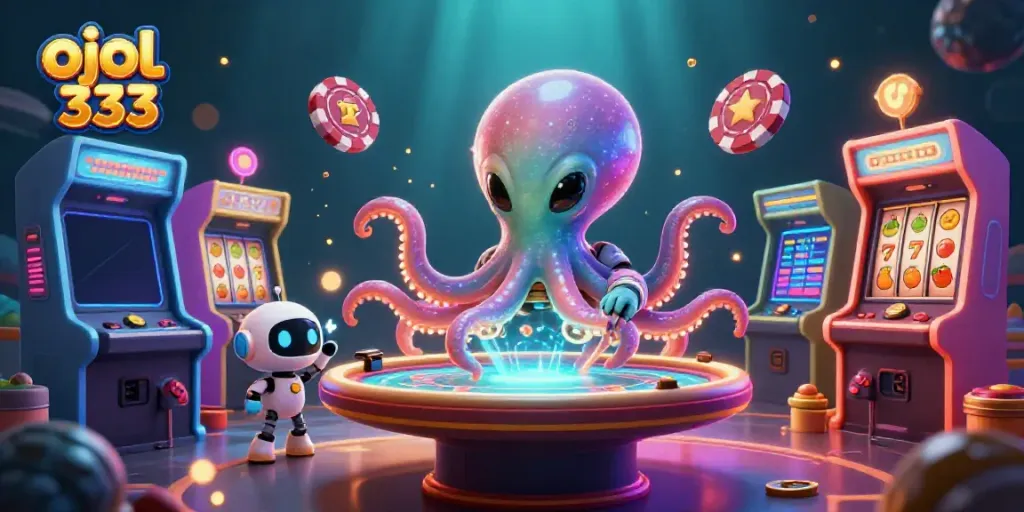 Experience thrilling gaming with ojol 333's vibrant alien octopus at a lively poker table.
