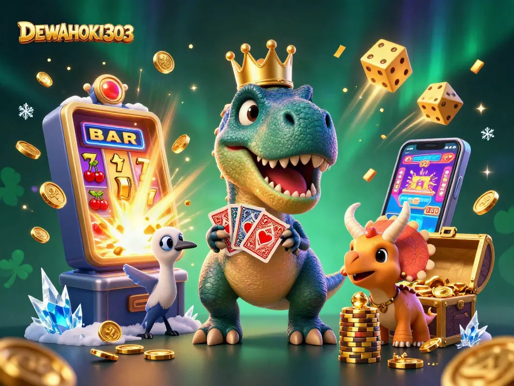 DEWAHOKI303 menampilkan T-Rex lucu yang bermain kartu dan triceratops menumpuk chip emas di kasino virtual.
