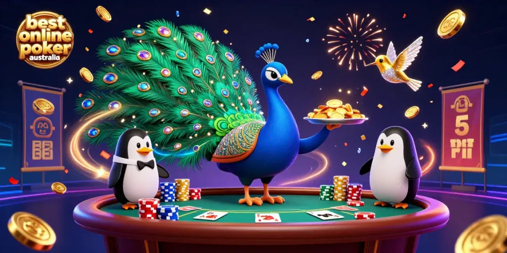 Experience the thrill of the best online poker Australia with vibrant 3D characters, dazzling poker elements, and festive atmosphere.
