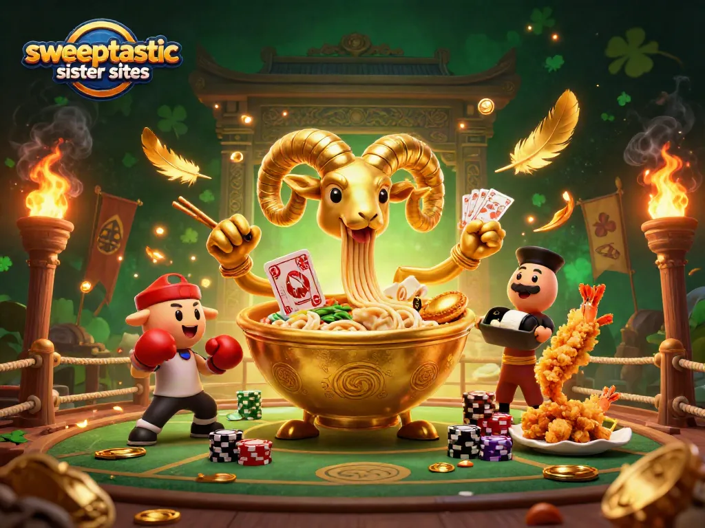 Experience thrilling gameplay at Sweeptastic sister sites with vibrant characters and casino elements.