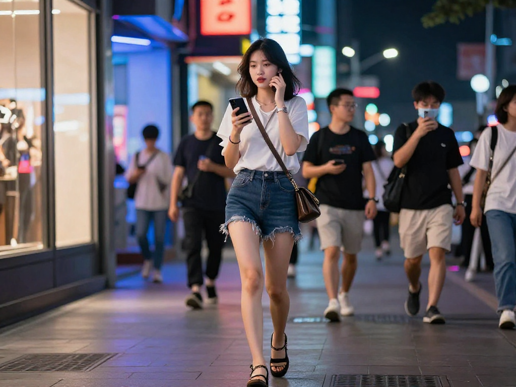 Gái gọi tự tin trong trang phục thời trang tại phố đêm sôi động.