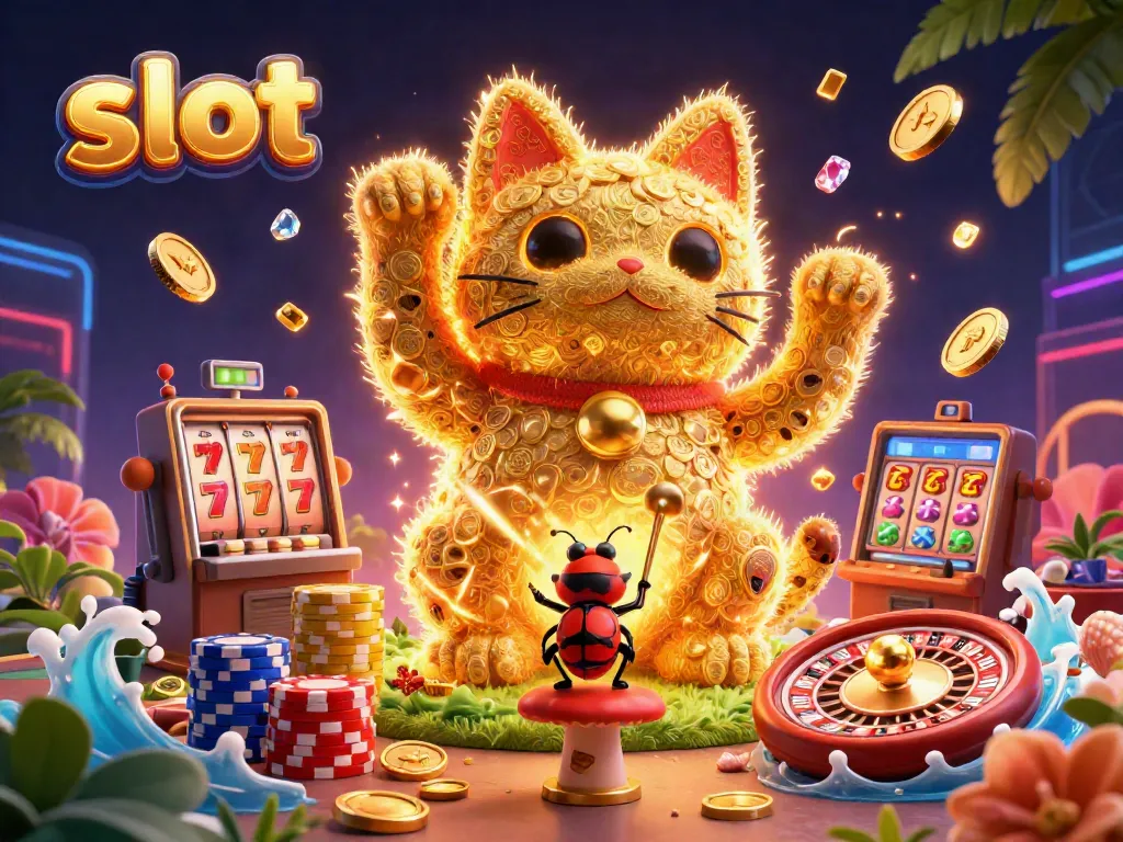 Catch lively slot action with golden fireflies forming a lucky cat amidst casino symbols.