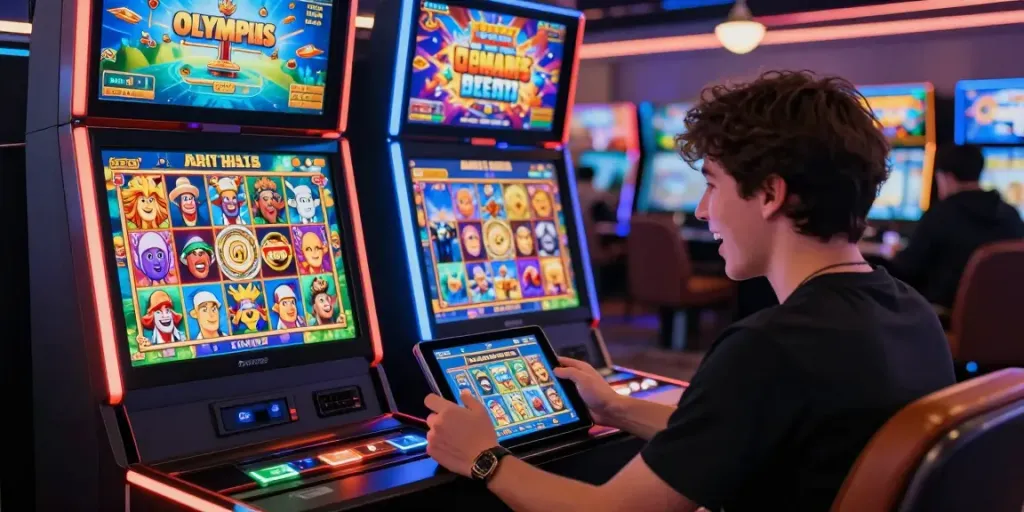 Exciting Bro138 online gaming scene with a player winning at a slot game on a tablet.