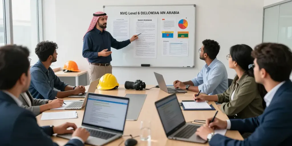 NVQ Level 6 in Saudi Arabia workshop with professionals learning occupational health and safety.