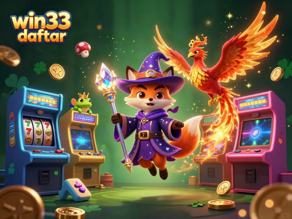 Experience the excitement of win33 daftar with a magical 3D scene featuring characters and slot elements.