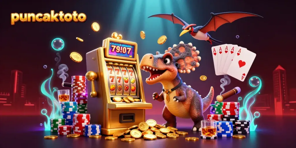 Slot machine jackpot yang dipukul oleh puncaktoto dengan koin terbang, manajer kasino panik dan pteranodon menangkap koin.