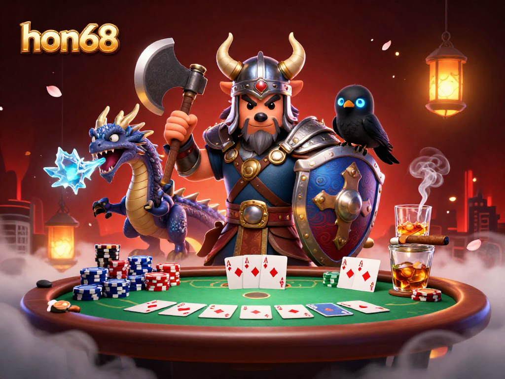 Engage in thrilling poker at hon68 with Viking warrior, dragon, and raven in an eye-catching scene.