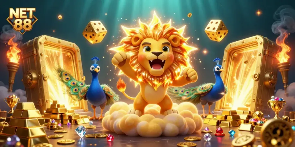 Experience the thrill of NET 88 with a vibrant casino scene featuring golden treasures, animated characters, and dazzling effects.