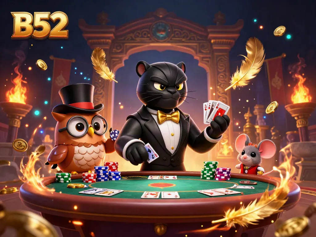 B52 players engaging in poker with a stylish panther dealer, enriched by vibrant casino elements.