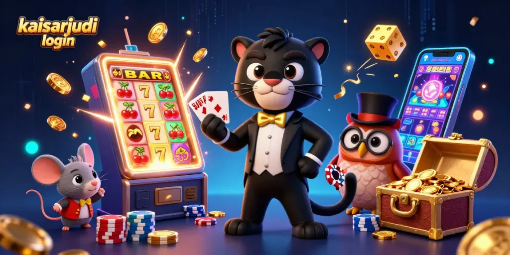 Kaisarjudi login illustration showing a stylish black panther dealing cards with vibrant casino elements around.